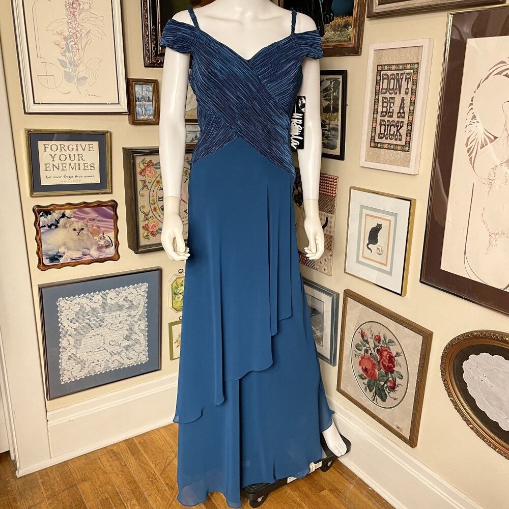 80s Vintage Deadstock Ursula Teal Blue Pleated Sleeveless V-Neck Evening Gown 12